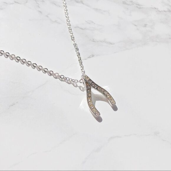 2/$30 WISHBONE Silver diamond diamante rhinestone Necklace - Picture 3 of 7